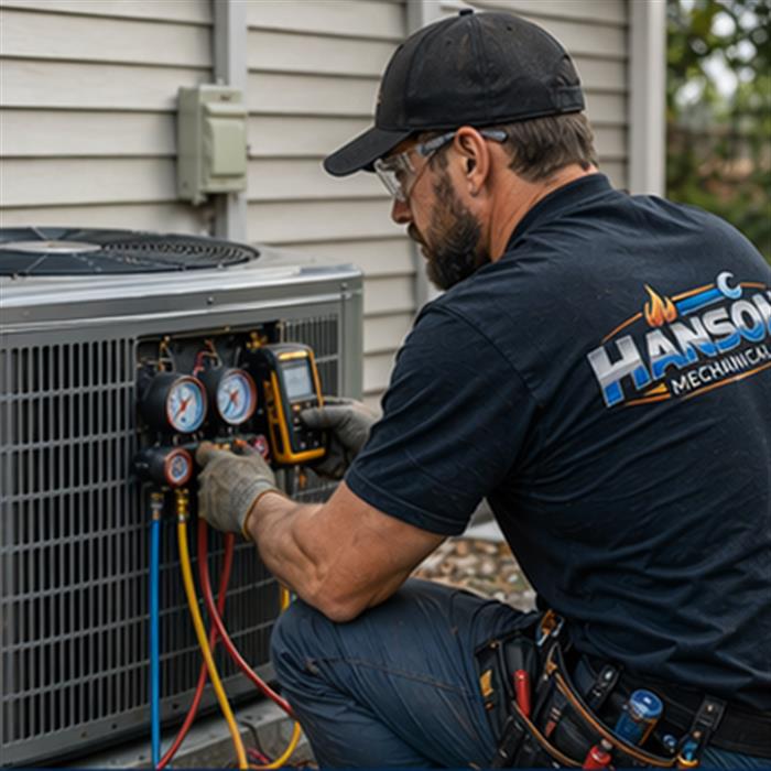 Technician servicing an outdoor air conditioning unit