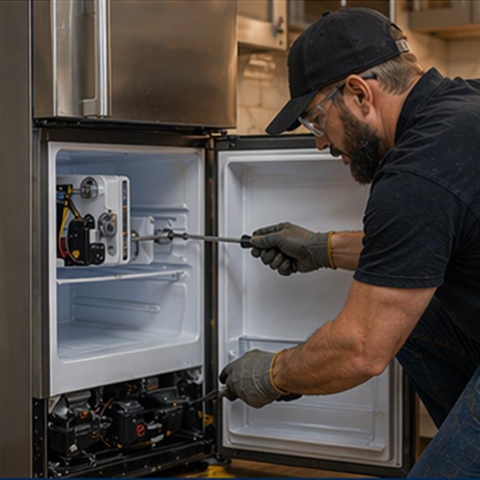 Technician repairing a household refrigerator appliance