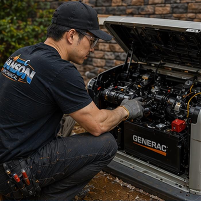 Technician servicing a residential backup generator