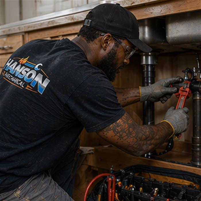 Technician performing plumbing service under a sink